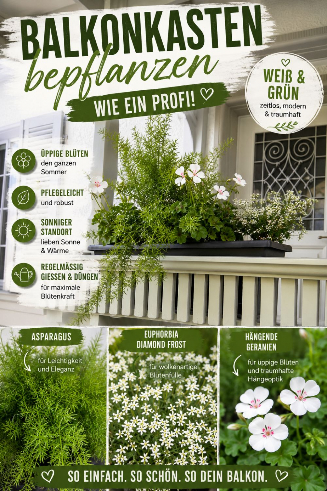 Balkonkasten weiss Grün bepflanzen Sommer Deko Balkon
