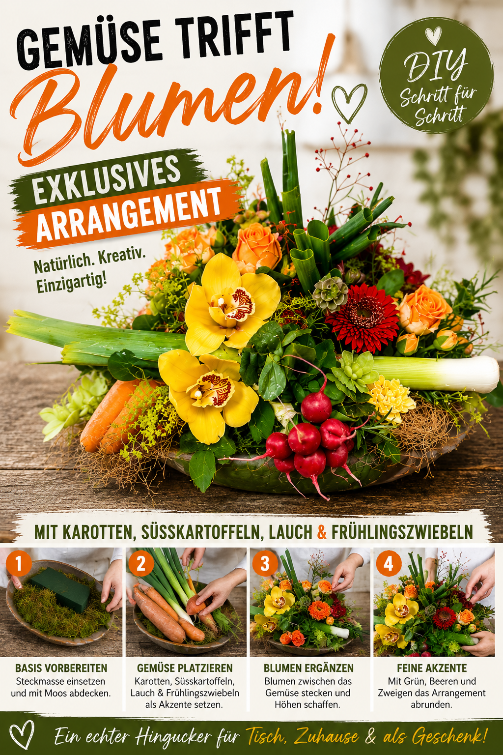 Blumenegsteck kombiniert mit gemüse in grosser flacher Schale