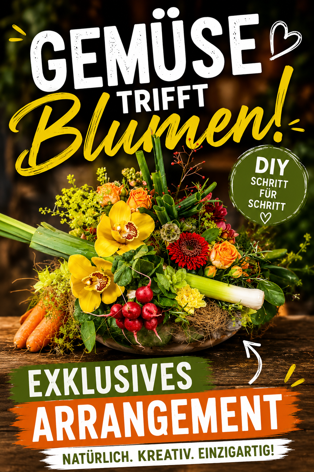Exklusives arrangement selber machen mit Blumen und Gemüse