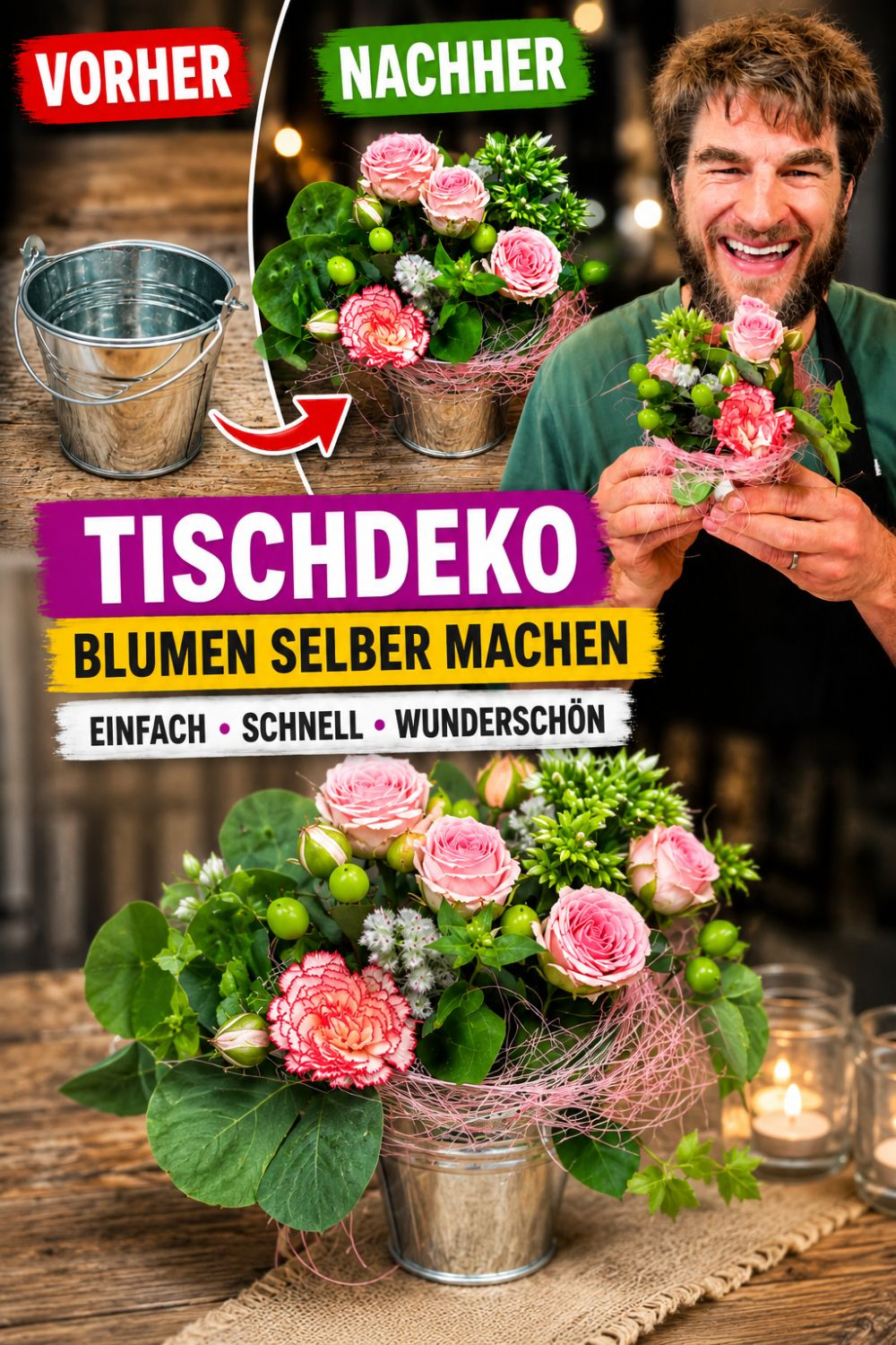 Exklusives arrangement selber machen mit Blumen und Gemüse